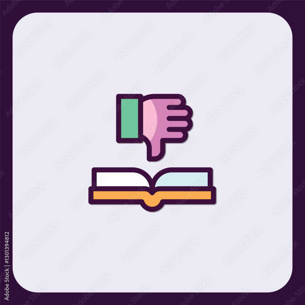 Negative Book Review Icon: Thumbs Down on Open Book Illustration Negative Book Review Icon: Thumbs Down on Open Book Illustration