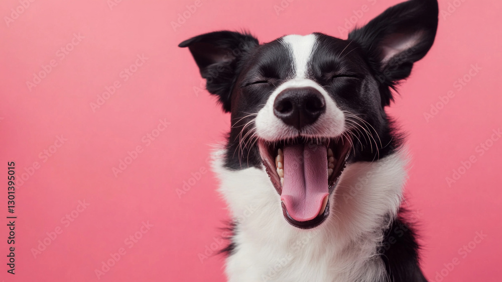 A black and white dog is smiling and has its tongue out A black and white dog is smiling and has its tongue out