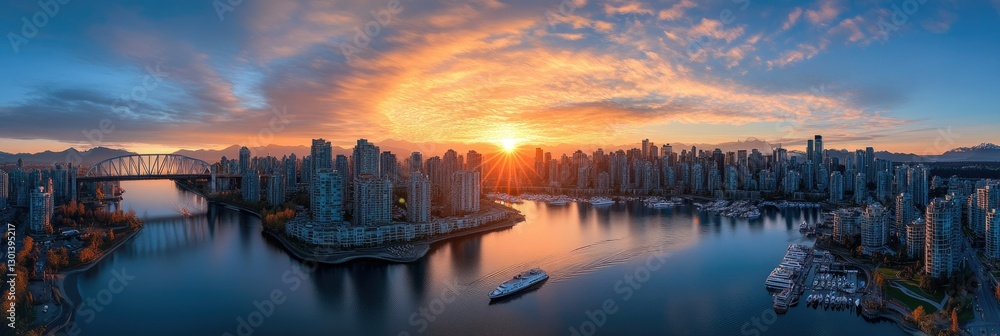 Naklejka premium Vancouver Aerial View: Sunset Over Downtown Skyline and False Creek, British Columbia, Canada