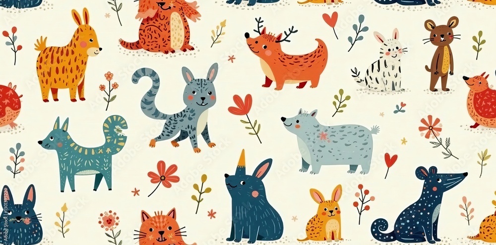 Whimsical miniature creatures in a seamless pattern, wild, graphic, print Whimsical miniature creatures in a seamless pattern, wild, graphic, print