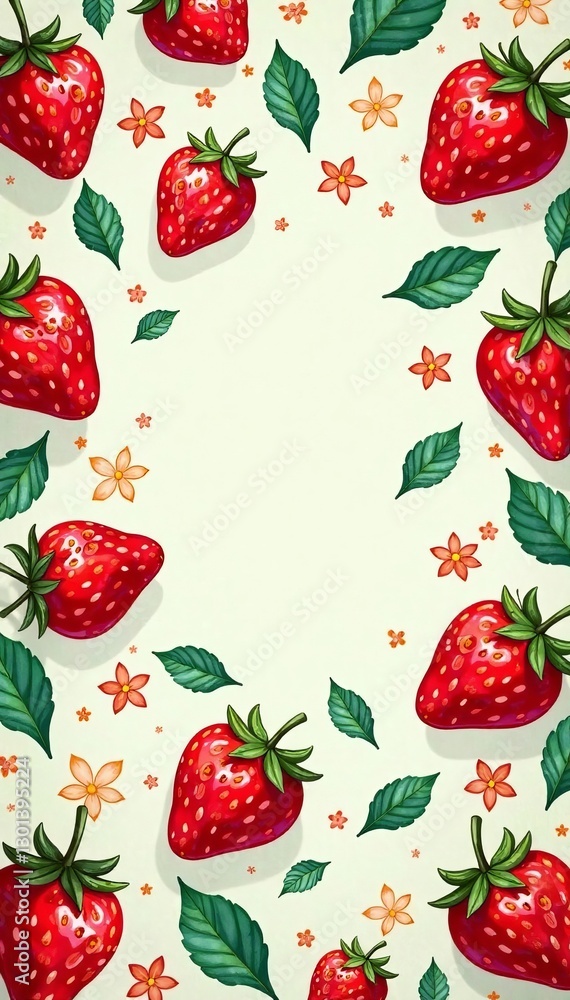 Whimsical hand-drawn strawberry pattern with green leaves and flowers, cute, pattern, botanical Whimsical hand-drawn strawberry pattern with green leaves and flowers, cute, pattern, botanical