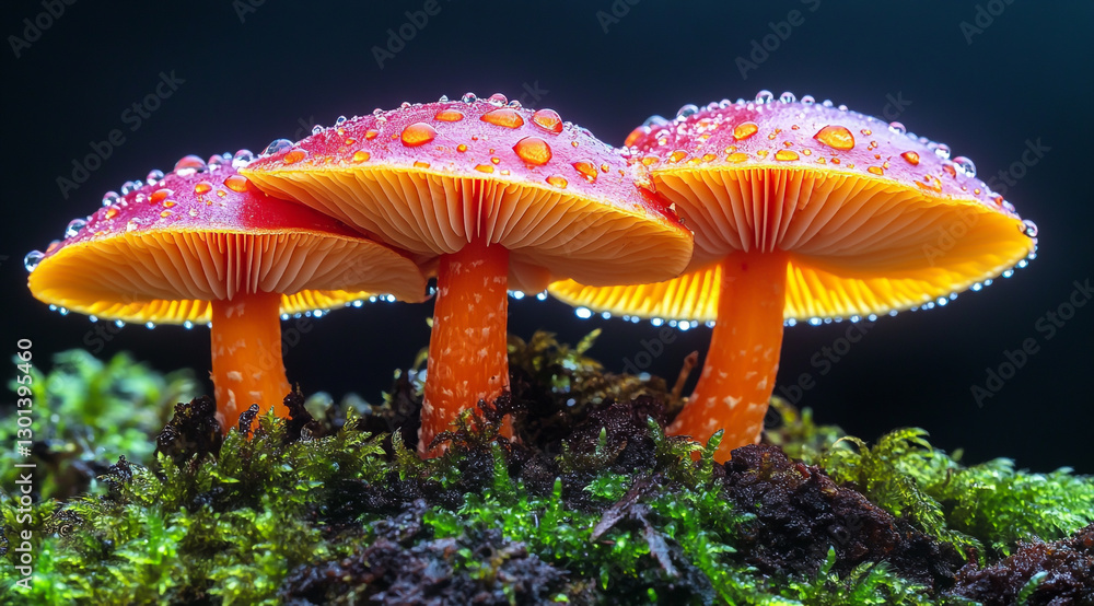 Fototapeta premium Close-up of mushrooms in the forest, macro photography, photorealistic landscapes. I can't believe how beautiful these are.