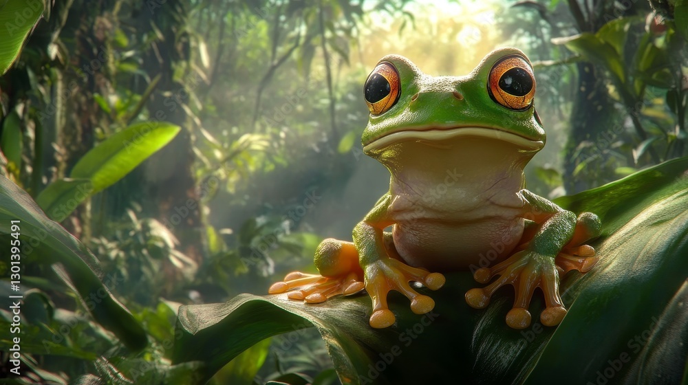 Green Frog Closeup in Lush Forest - A vibrant green frog sits serenely amidst lush foliage, symbolizing nature, tranquility, wildlife, the rainforest, and amphibian life Green Frog Closeup in Lush Forest - A vibrant green frog sits serenely amidst lush foliage, symbolizing nature, tranquility, wildlife, the rainforest, and amphibian life