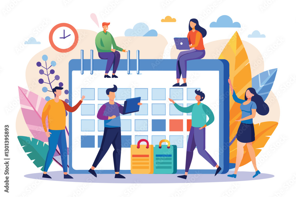 A group of individuals is engaging in scheduling activities on a vibrant calendar, showcasing teamwork and creativity, People are scheduling trending A group of individuals is engaging in scheduling activities on a vibrant calendar, showcasing teamwork and creativity, People are scheduling trending