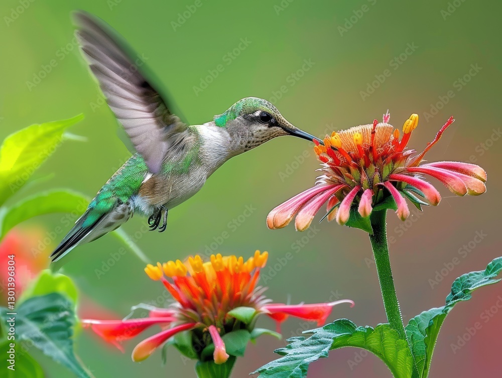 Fototapeta premium Close-Up of a Hummingbird Feeding on a Pink Blossom