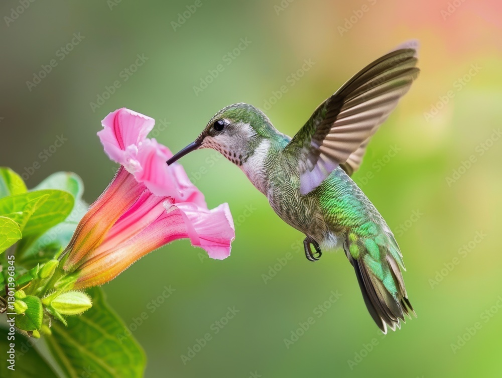 Fototapeta premium Hummingbird Drinking Nectar from a Pink Flower