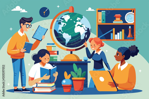 A group of students is studying a globe, discussing scientific concepts and sharing information, People are studying science and globe