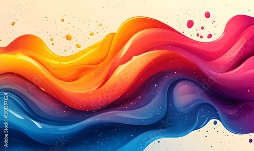 Abstract multicolored fluid waves with tiny sparkling dots on a cream background