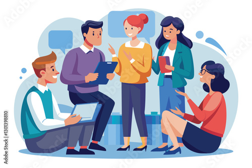 A group of five individuals engages in conversation about project guidelines in a friendly setting, people are talking about rules
