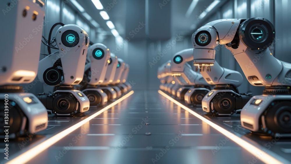 Obraz premium White robots stand in row inside gray room. Each has blue light on front. Light shines from ground.
