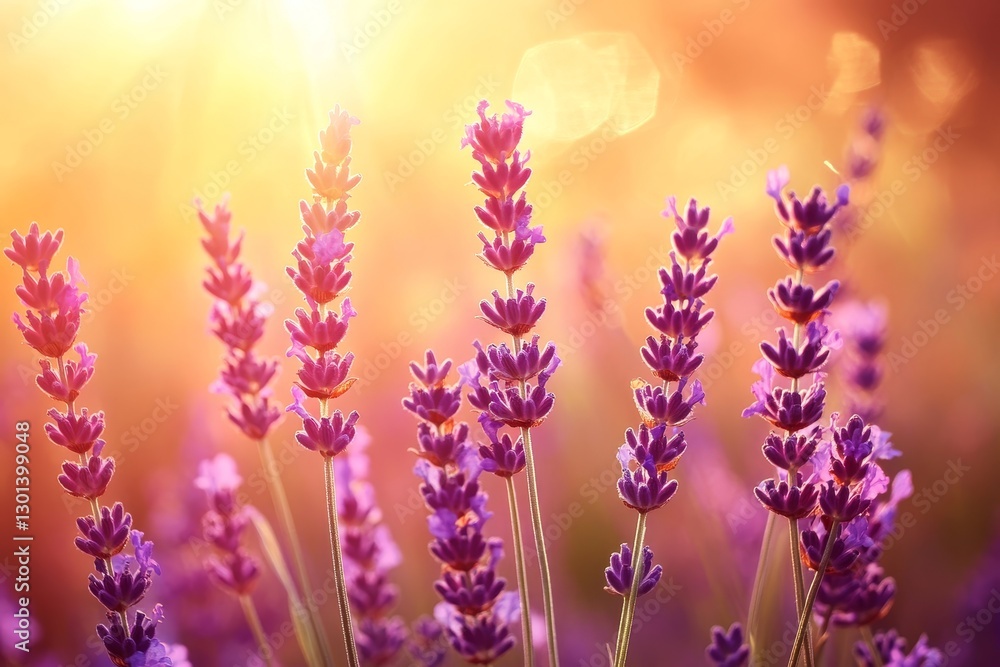 Obraz premium Lavender Field Sunset Glow - Vibrant lavender flowers bathed in the warm golden light of a setting sun. Serene and peaceful nature scene