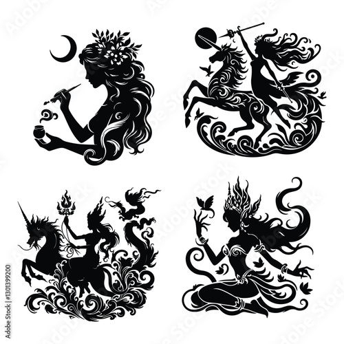 Mystical Queens: Enchanting Mythical Goddesses in Silhouette