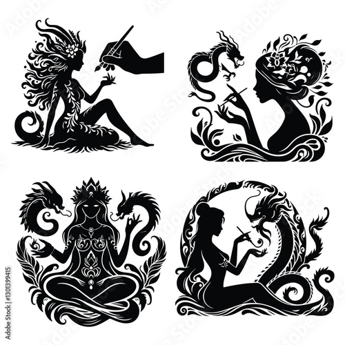 Mystical Queens: Enchanting Mythical Goddesses in Silhouette photo