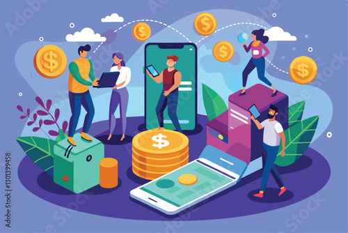 Groups of people interact and transfer money online through smartphones, showcasing modern transactions, People are transfer money online via smartphone