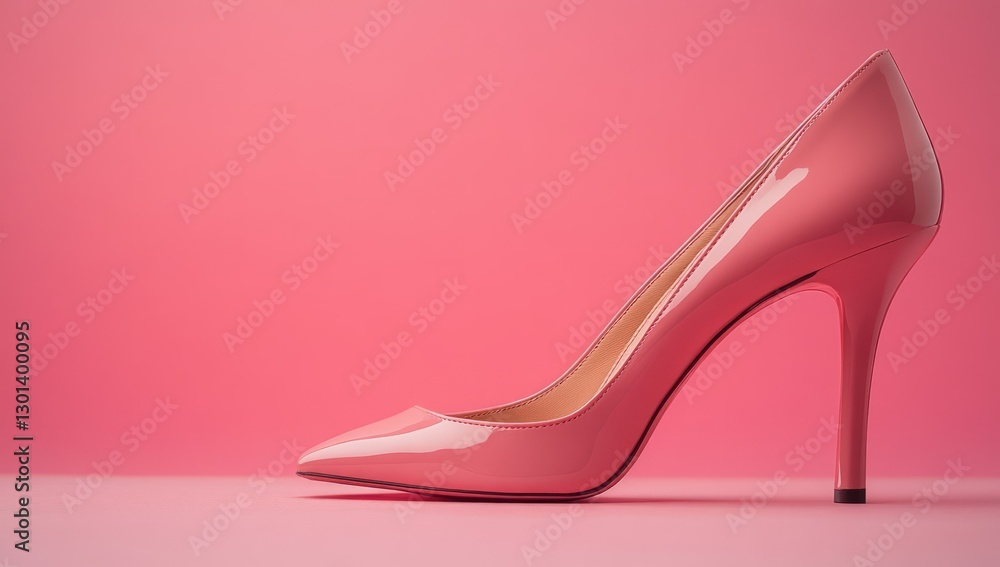 A single pink high heel shoe with a pointed toe sits on a pink background. A single pink high heel shoe with a pointed toe sits on a pink background.