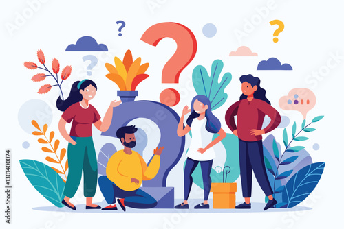 A group of individuals actively asks questions and shares ideas while collaborating in a vibrant setting, People asking questions, illustrated in a flat organic style