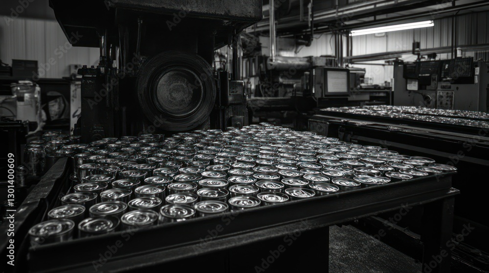 A factory environment producing canned goods in a monochrome image A factory environment producing canned goods in a monochrome image