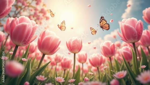 Charming pink tulip field with butterflies and sunlight in a spring garden