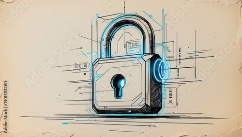 Lock drawing with light blue accents, concept art sketch. Lines and shapes present data security on old beige paper background.