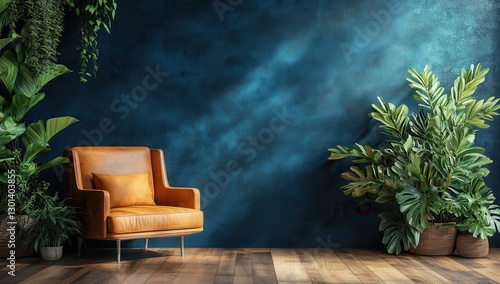 Wallpaper Mural Cozy orange armchair against a vibrant blue wall with lush green plants in stylish pots, creating a serene and inviting living space atmosphere Torontodigital.ca