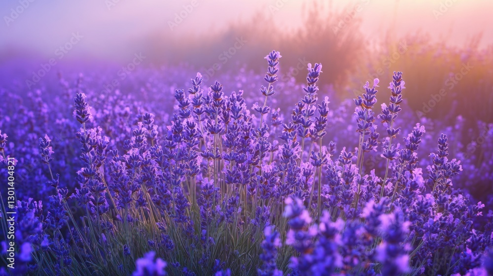 A Vibrant Field of Purple Lavender Under a Soft Sunlight A Vibrant Field of Purple Lavender Under a Soft Sunlight