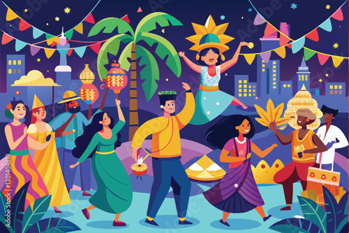 Individuals dressed in festive attire dance and celebrate together, surrounded by colorful decorations and lights, People celebrate festival,