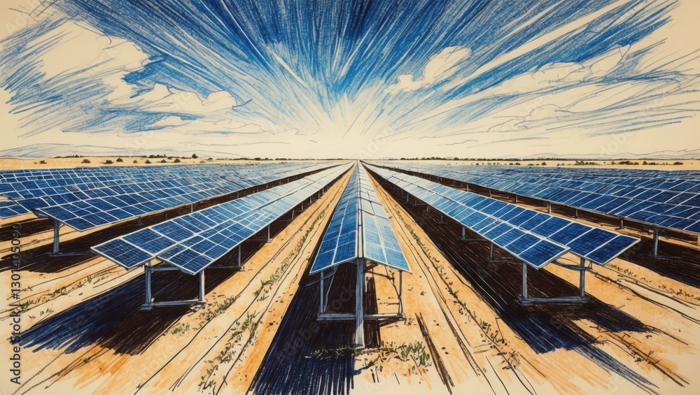 Ink Drawing of Solar Panels on Dry Land under Blue Sky. Sunshine is hitting many rows of blue grid panels stretching far on horizon. Ink Drawing of Solar Panels on Dry Land under Blue Sky. Sunshine is hitting many rows of blue grid panels stretching far on horizon.