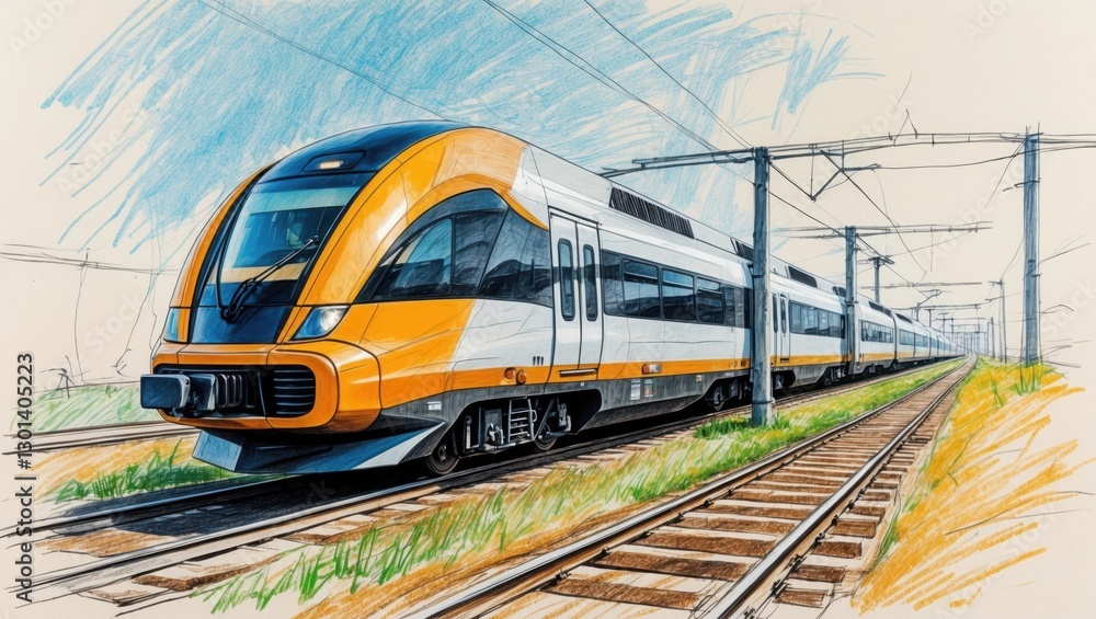 Naklejka premium Orange Train Sketch on Rails, modern commuter train moves forward on tracks. Hand drawn railway transport and blue sky, light background. Transportation concept.