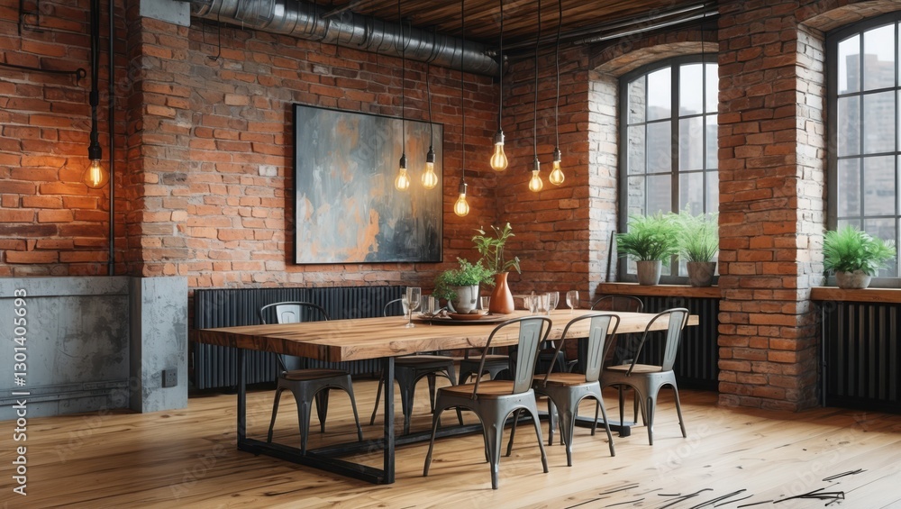 Dining room interior with wood table and metal chairs inside loft apartment. Brick walls, window, potted plants and light bulbs create warm atmosphere. Dining room interior with wood table and metal chairs inside loft apartment. Brick walls, window, potted plants and light bulbs create warm atmosphere.