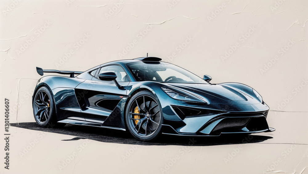 Modern dark blue car illustration on white textured background. Sport vehicle with wing and yellow brake front view. Modern dark blue car illustration on white textured background. Sport vehicle with wing and yellow brake front view.