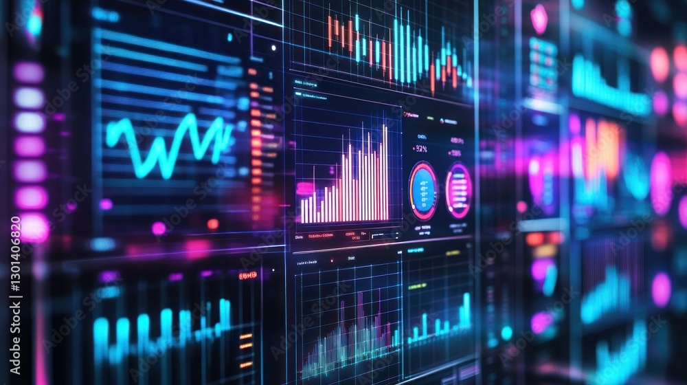 Abstract data visualization displays financial charts with neon colored displays Abstract data visualization displays financial charts with neon colored displays