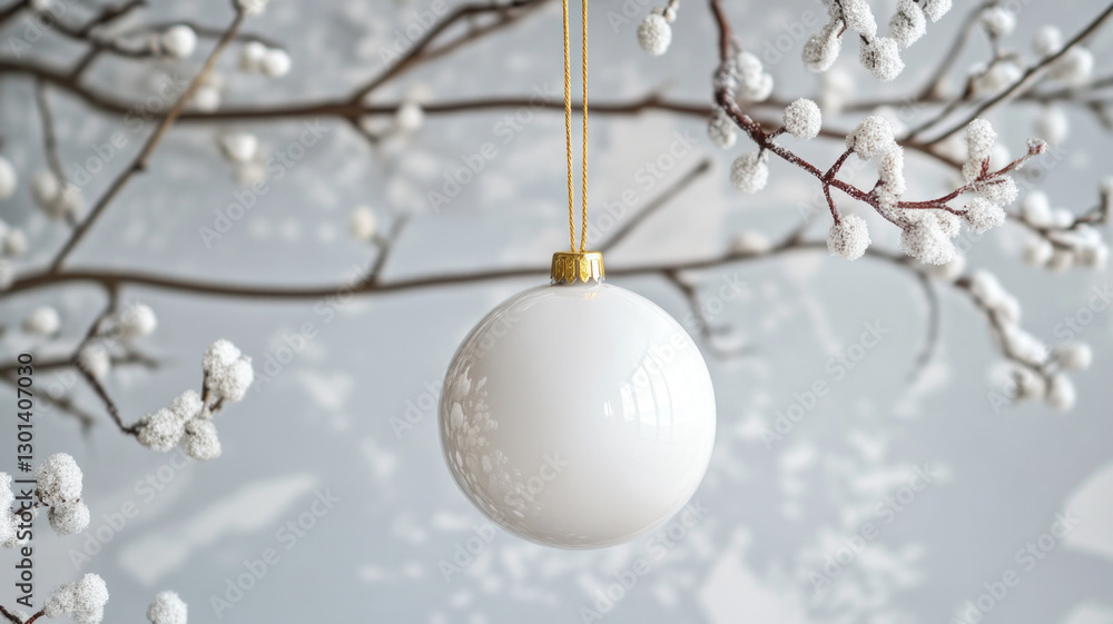 A white ornament hanging from a tree branch A white ornament hanging from a tree branch
