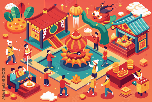 Festive gatherings showcase cultures as people engage in traditional activities for Chinese New Year, People celebrating chinese new year Customizable Flat Illustration