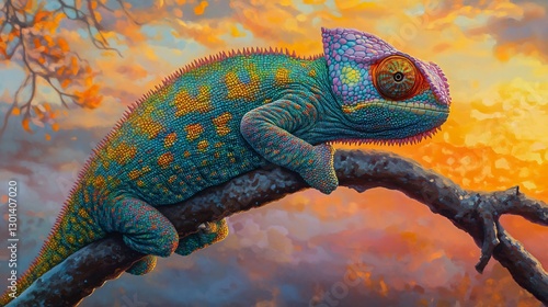 Vibrant Sunset Chameleon: Nature Photography for Trendy Designs