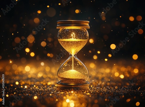 A golden hourglass with sand flowing through it, against a sparkling background, symbolizing the passage of time. photo