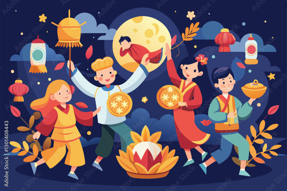 Naklejka premium Families gather to celebrate the Mid-Autumn Festival with lanterns, mooncakes, and traditional customs, People celebrating mid autumn festival Customizable Flat Illustration