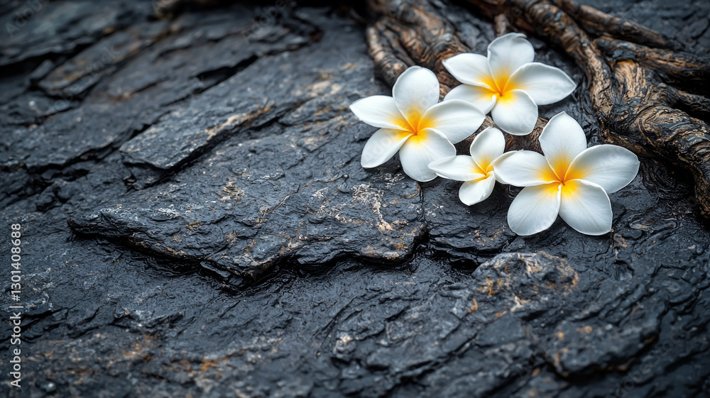 Obraz premium A bunch of white flowers are on a rock