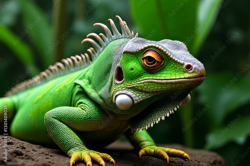 Fototapeta premium Close-up of a vibrant green iguana reptile in a natural habitat