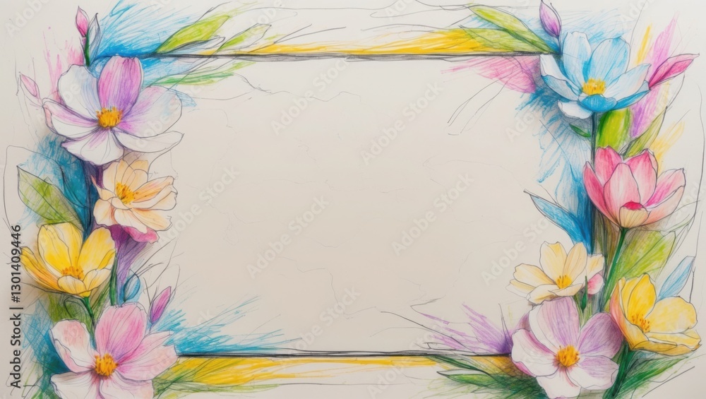 Obraz premium Floral sketch frame. Pink white yellow flowers surround empty rectangle. Leaves and petals drawn in blue green and purple crayon on light background.