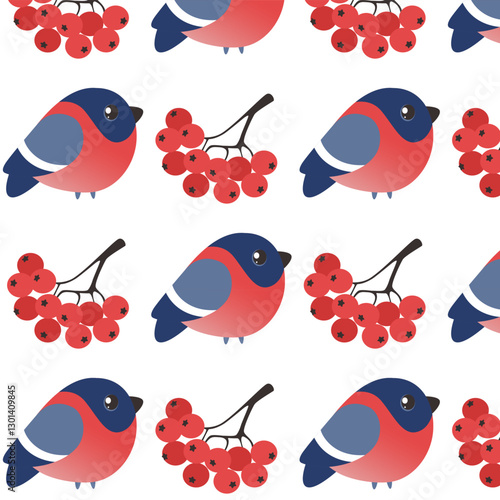 Seamless pattern with bullfinch and rowan