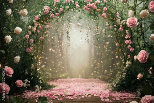 Fototapeta Naklejka Na Ścianę i Meble -  Enchanting rose archway in a mystical forest path.