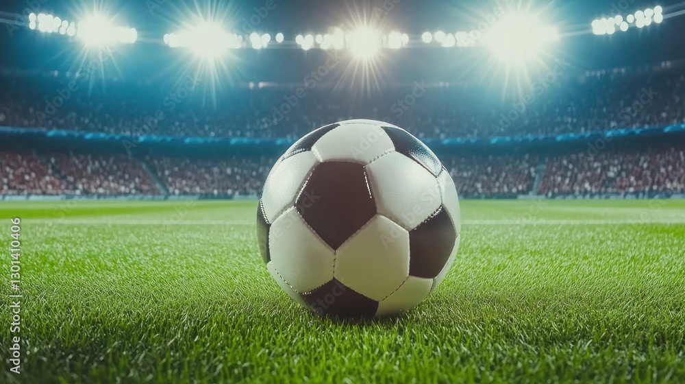 Fototapeta premium A football lies on the grass of a vibrant stadium