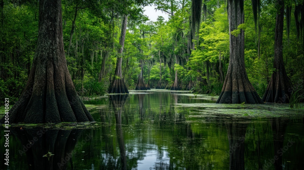 Tall trees reflect in the dark calm water of the swamp Tall trees reflect in the dark calm water of the swamp