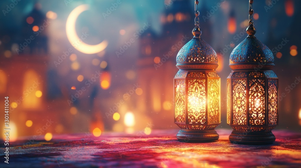 Two ornamental lanterns lit up in a beautiful scenic background Two ornamental lanterns lit up in a beautiful scenic background