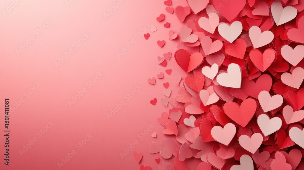 Multiple red and pink paper hearts scattered on a soft background Multiple red and pink paper hearts scattered on a soft background