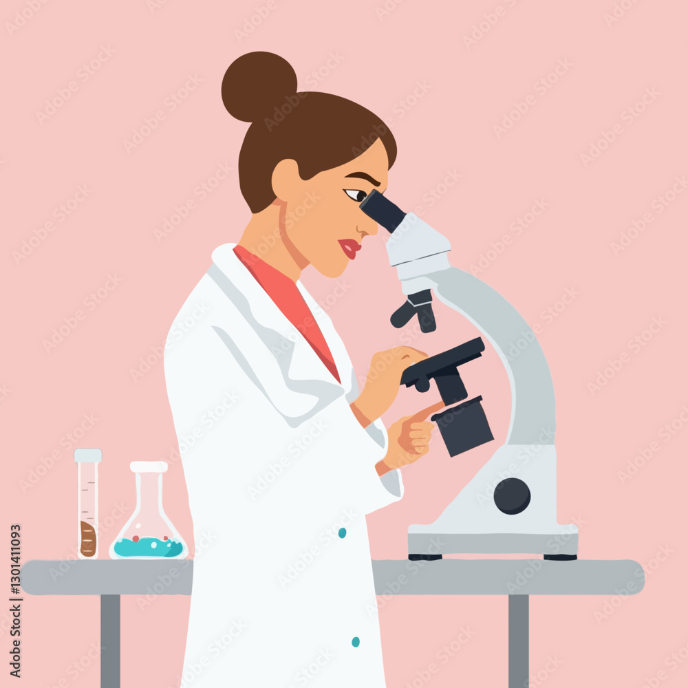 Female Scientist Illustration, Laboratory Research in Minimalist Flat Design Female Scientist Illustration, Laboratory Research in Minimalist Flat Design