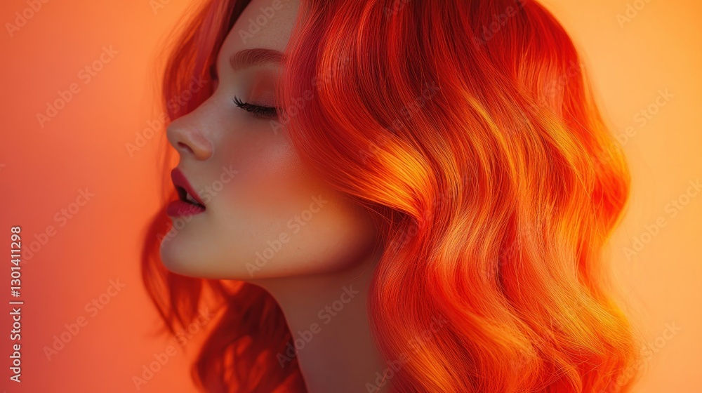A woman with vibrant orange hair is seen in profile view A woman with vibrant orange hair is seen in profile view