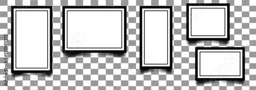Photo frames realistic. Empty white photos frame vintage with adhesive tapes. Images different forms on wall, blank retro memory album. Wall collage photography mockup. Realistic empty photo card. 