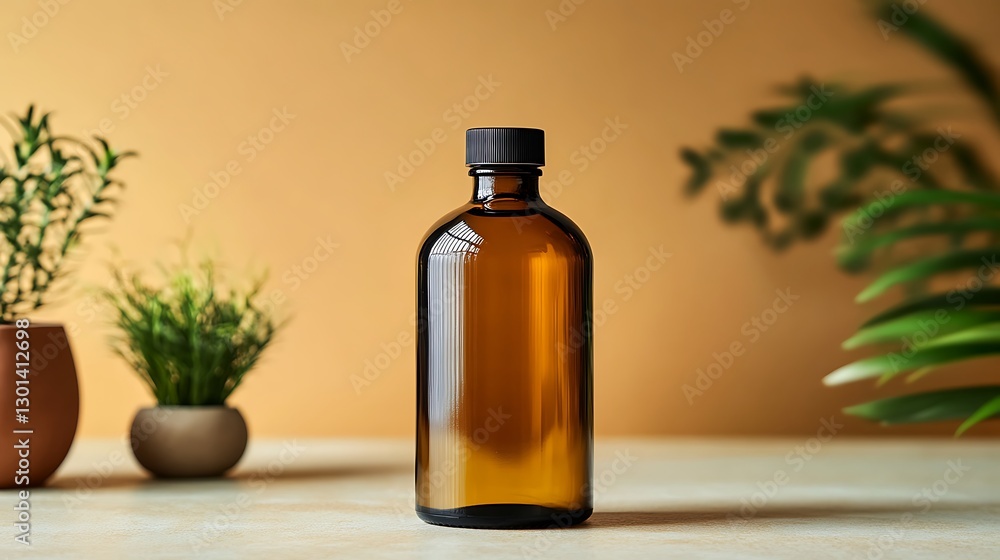 Bottle displayed against plants on table Bottle displayed against plants on table