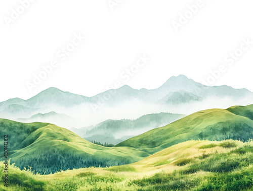 Serene watercolor landscape of rolling green hills and misty mountains, creating a peaceful and dreamy nature scene on a transparent background.